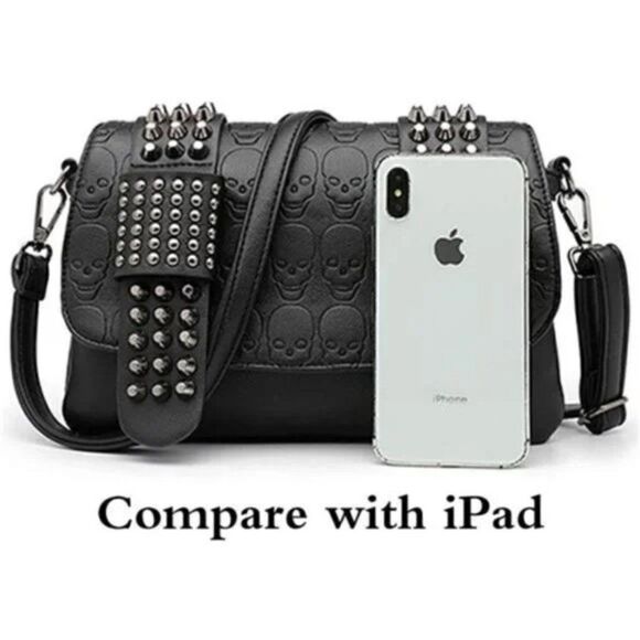 New Women Studded Crossbody Purse Black Skull Handbag - Picture 5 of 8